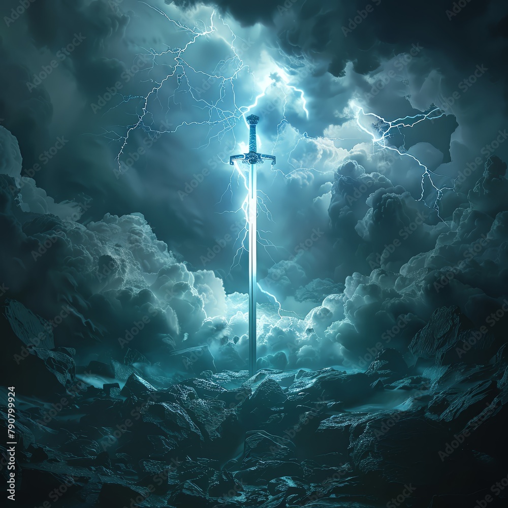 Mysterious 3D scene with a sword under a stormy sky, lightning providing a burst of light in the darkness -ar 4:3 -v 6