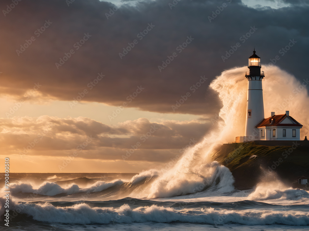 Huge wave hitting shore  rocks during sunset with lighthouse