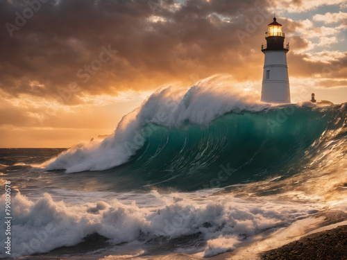 Huge wave hitting shore  rocks during sunset with lighthouse
