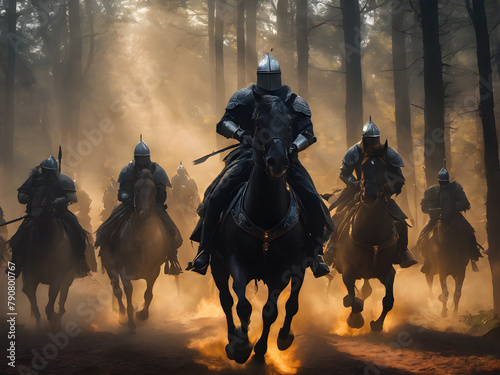 Knights riding on horses through forrest witzh dramatic light