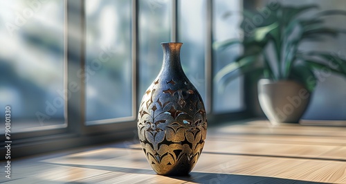 Luxurious Art Deco vase design with elegant floral patterns and decorative elements in 3D render.
