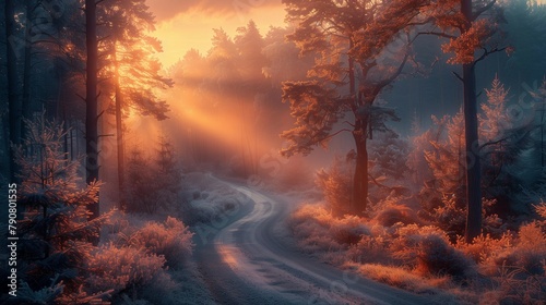 Misty Forest Path at Dawn, generative ai
