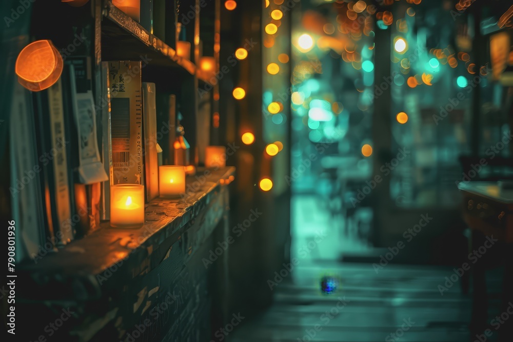 Sparse orange-yellow-green bokeh on a black background in a mysterious antique store. Sparse orange-yellow-green bokeh on a black background in a mysterious antique store.