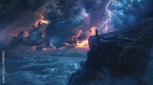 Mystical seers harnessing the power of the storm atop a cliff, amidst dramatic lightning strikes.