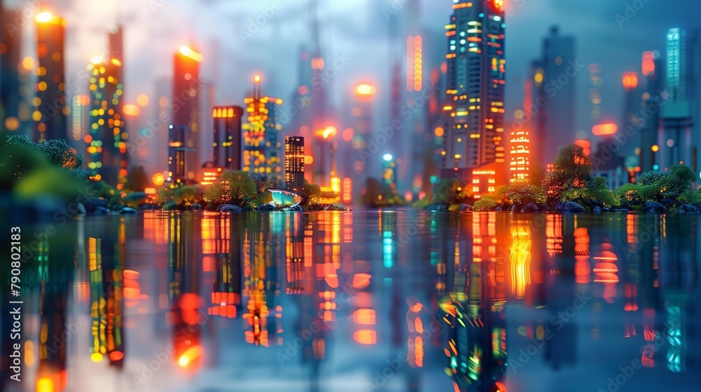 Fototapeta premium Futuristic Twilight Cityscape with Neon Lights, generative ai