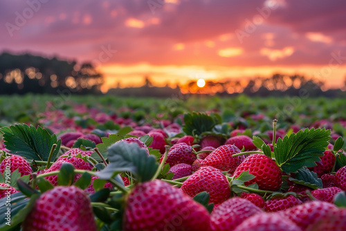  imagine  Twilight descending over a garden of strawberries  painting the horizon.