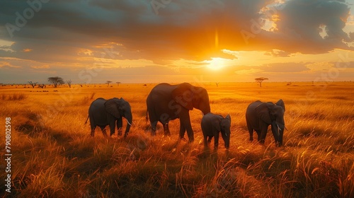 Majestic Bonds: Elephants in the Warm Glow of Dusk, generative ai © Matus