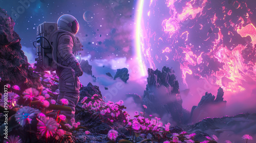 Astronauts discover a vibrant space planet with bioluminescent plants and mysterious ruins, sparking curiosity and exploration. photo