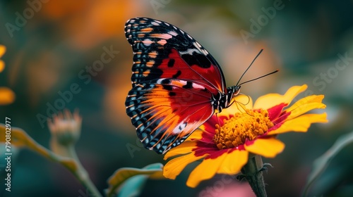 Emulate the techniques of professional wildlife photography in a real photo featuring a vibrant multi-colored butterfly on a yellow flower © LaxmiOwl