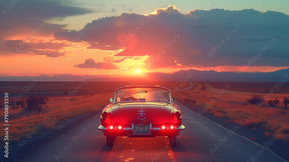 Fototapeta premium Classic Car Cruising into the Sunset, generative ai