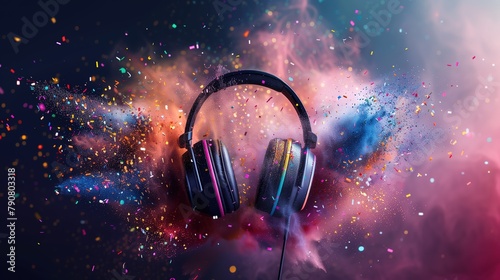 Stereo headphones bursting with festive energy, surrounded by a cloud of colorful dust and sparkling confetti