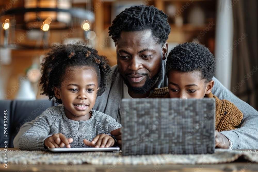 Intimate family scene with a father and his kids looking at a laptop together in a home setting Intimate family scene with a father and his kids looking at a laptop together in a home setting