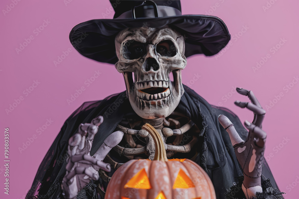 Man in a Halloween costume. A skeleton in a black cloak and top hat on a light purple background Man in a Halloween costume. A skeleton in a black cloak and top hat on a light purple background