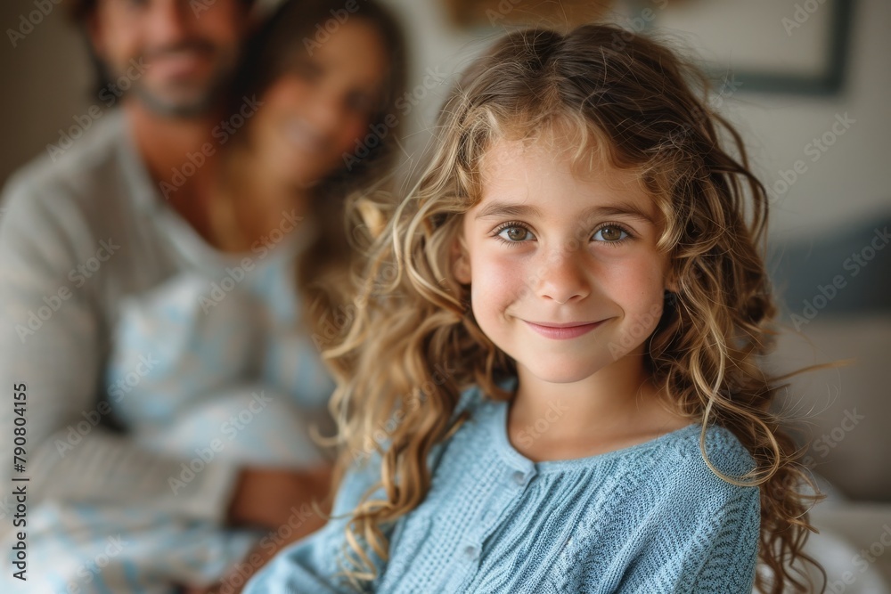 Close-up portrait of a joyful young girl smiling, with her family slightly out of focus behind her