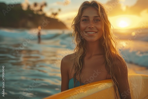 Female surfer smiling warmly while holding a yellow surfboard at a beach during sunset © Larisa AI