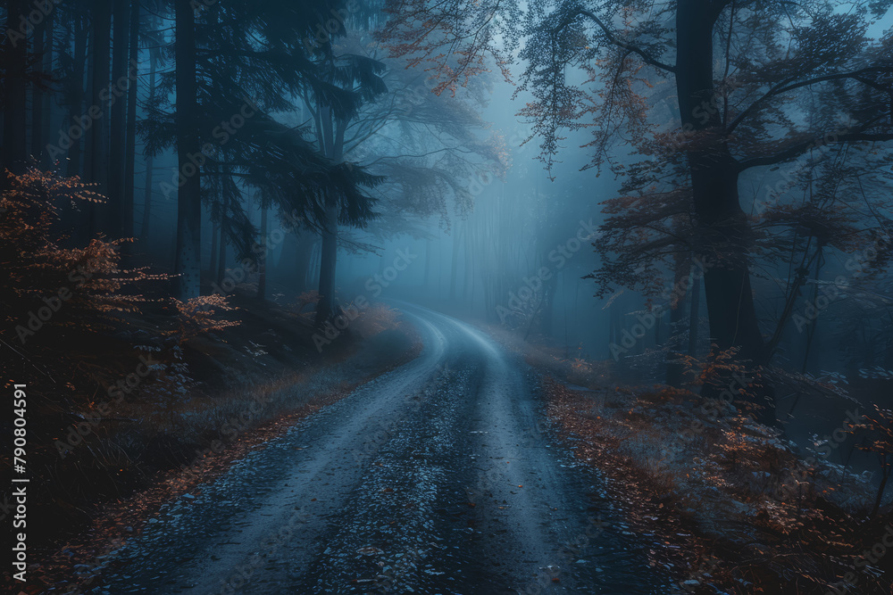 Mysterious dark forest. dark and moody forest road covered in mist. Halloween night background.