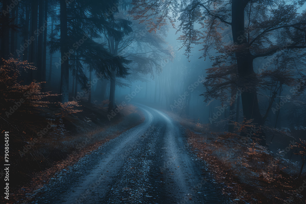 Obraz premium Mysterious dark forest. dark and moody forest road covered in mist. Halloween night background.