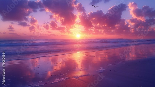Tranquil Sunset Beach Scene, generative ai