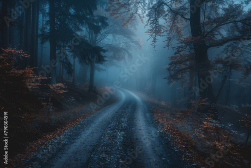 Mysterious dark forest. dark and moody forest road covered in mist. Halloween night background.