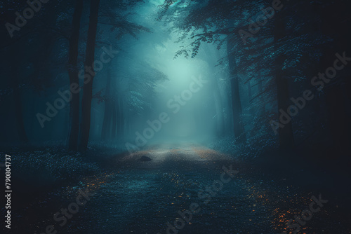 Mysterious dark forest. dark and moody forest road covered in mist. Halloween night background.