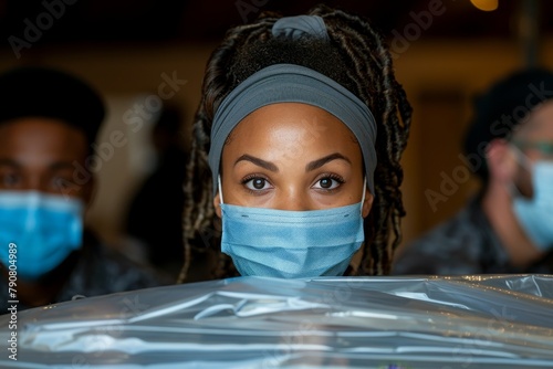 A focused female healthcare worker with dreadlocks wearing a surgical mask and a headwrap, looking determined photo