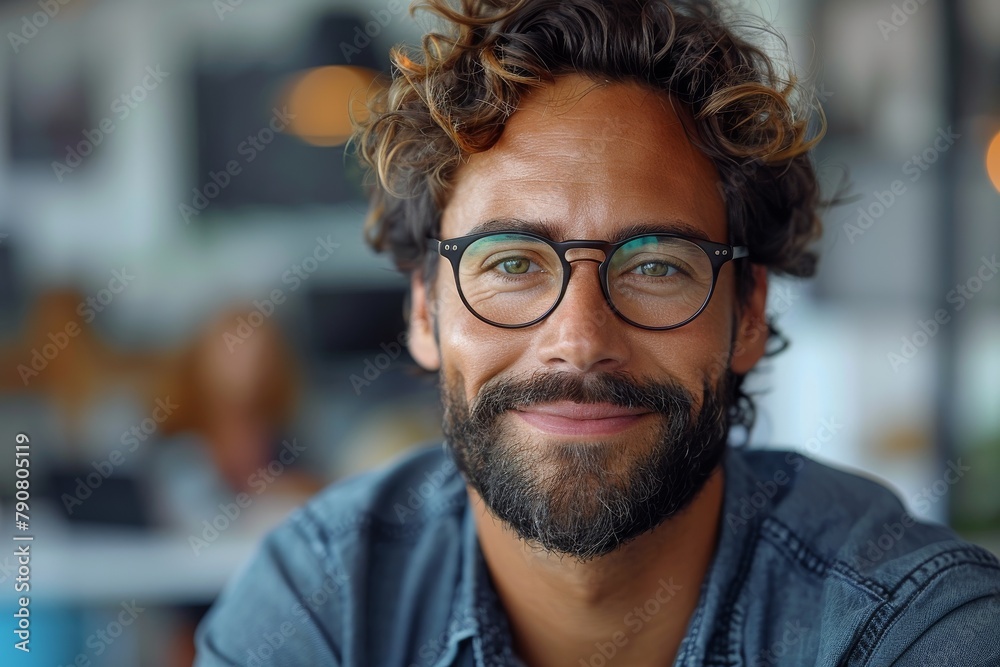 A smiling man with curly hair and glasses seated in a bright modern workplace, exuding positivity