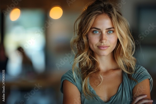 A portrait of a smiling blonde woman with natural makeup in a cozy indoor setting Free Download A portrait of a smiling blonde woman with natural makeup in a cozy indoor setting - GFXLoad