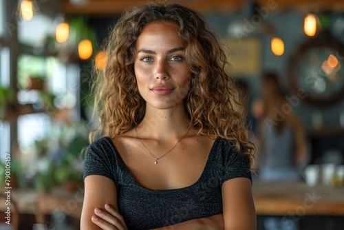 Confident curly-haired woman in a black top smiling with arms crossed in a restaurant