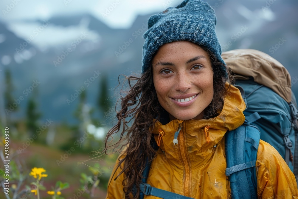Smiling female hiker in yellow jacket with backpack in a rocky mountainous area Smiling female hiker in yellow jacket with backpack in a rocky mountainous area