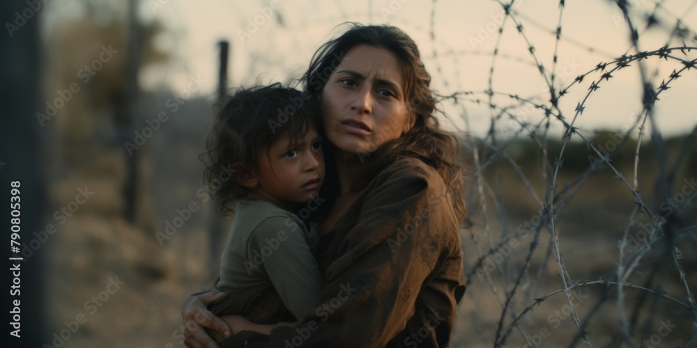 A refugee family at the border near a barbed wire barrier. Generative AI.