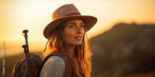 A young woman in a hat and a backpack on her back travels and climbs the mountains. Generative AI.