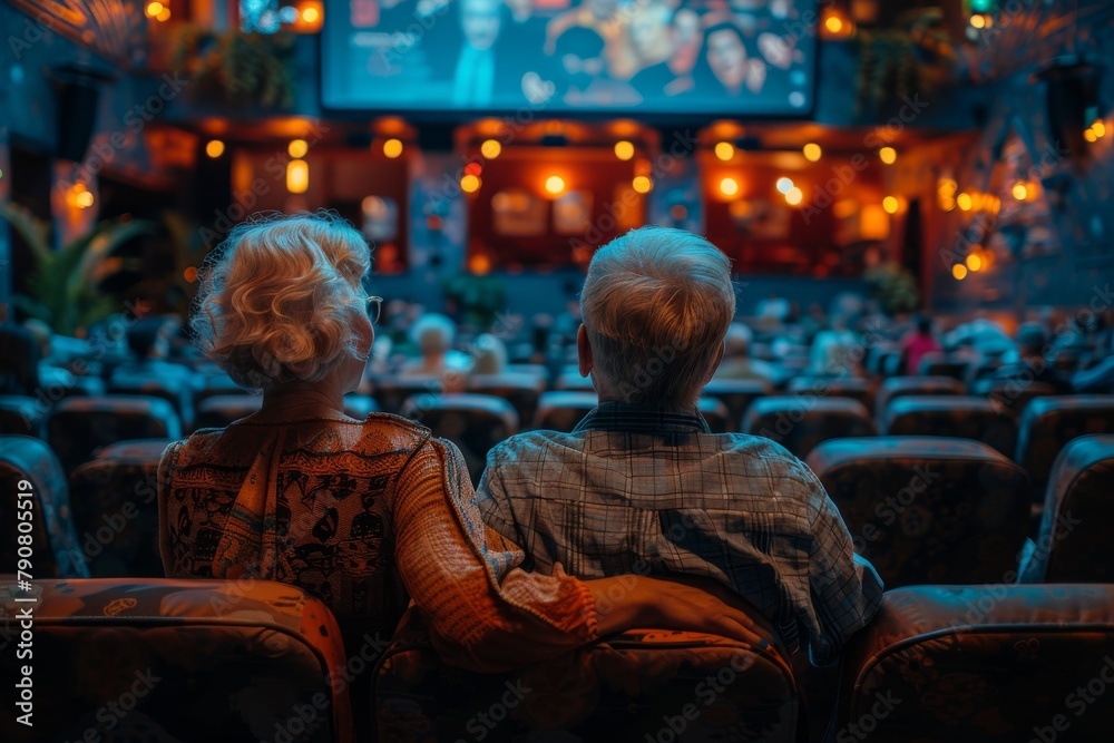 An elderly couple sits intimately, surrounded by the ornate beauty of a lavishly decorated theater, engrossed in the show An elderly couple sits intimately, surrounded by the ornate beauty of a lavishly decorated theater, engrossed in the show