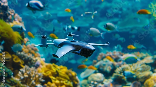 A high-tech underwater drone navigates through a vibrant coral reef, surrounded by a variety of colorful fish in clear blue waters. photo