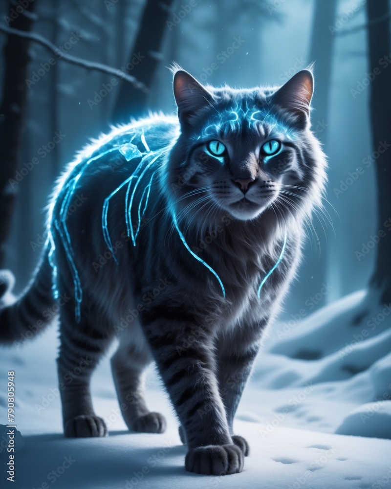 Cat with blue eyes in the winter forest. 3D rendering.