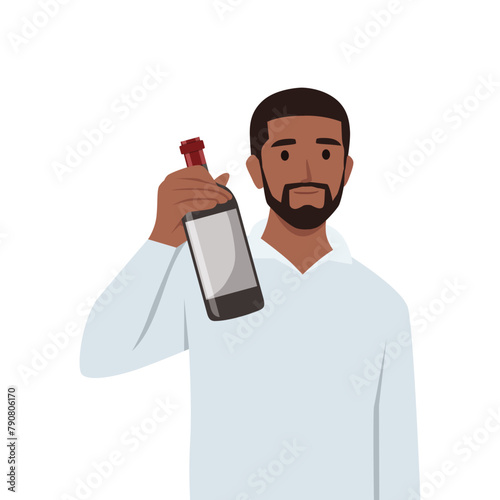 Young black man standing holding bottle of wine offering to his friend. Flat vector illustration isolated on white background