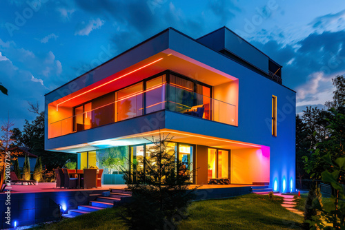 Modern villa with colored led lights at night.