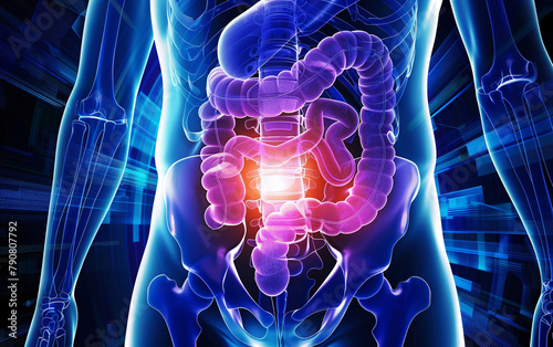 Illustration of gastrointestinal tract. Orange flash indicates problems