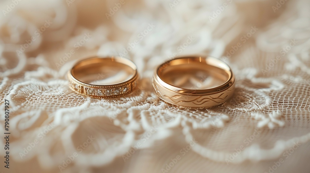Elegant Wedding Bands on Lace, generative ai Elegant Wedding Bands on Lace, generative ai