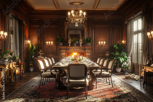 An elegant dining room with a warm fireplace, rich wood paneling, and a long table set for a formal dinner party.