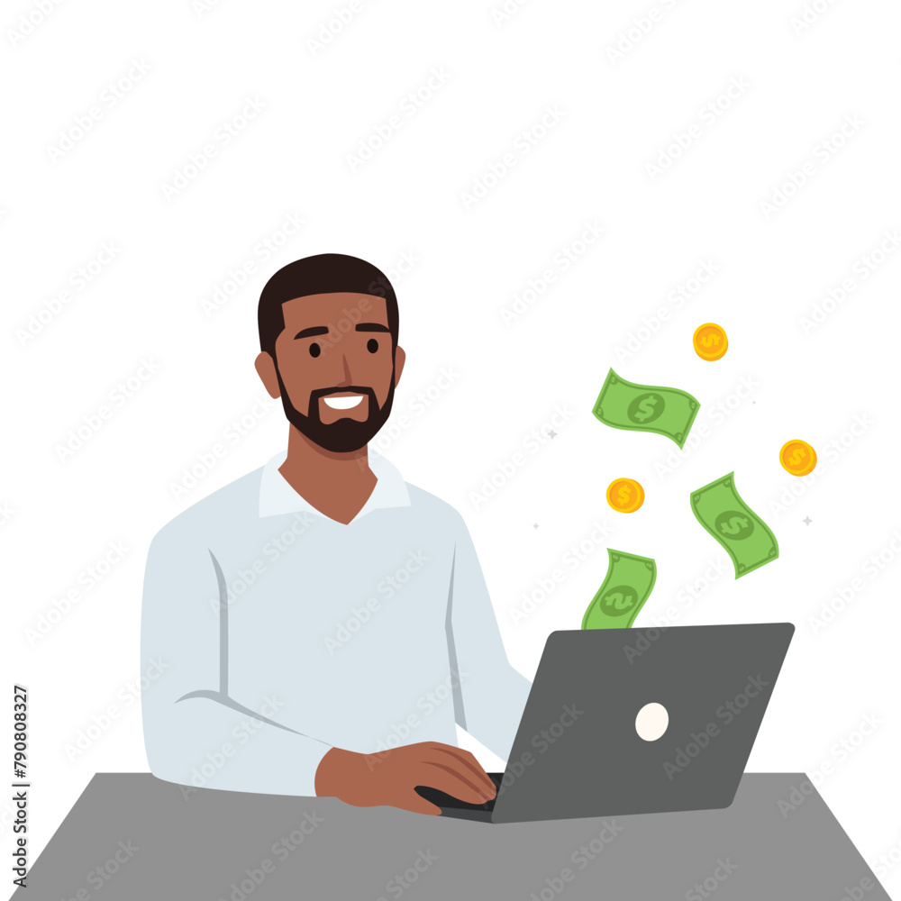 Young man Work from home concept. Young happy man making money on internet. Flat vector illustration isolated on white background Young man Work from home concept. Young happy man making money on internet. Flat vector illustration isolated on white background