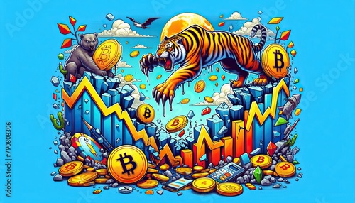 A bear and a tiger amidst a dynamic scene of crumbling buildings and flying papers with Bitcoin symbols