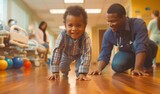 A joyful toddler crawls towards the camera in a hospital hallway, as a caring doctor watches over him with a smile, creating a heartwarming scene of healthcare and happiness.generative ai illustration