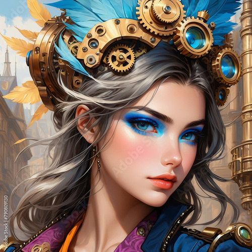 Beautiful steampunk girl. Illustration of a young woman in a steampunk fantasy city landscape. Portrait of a woman in the city