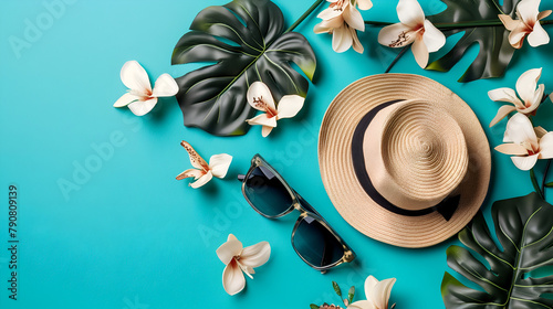 summertime illustration with a hat, sunglasses and hawaiian flowers on blue background. Vacation concept with copy space for commercials