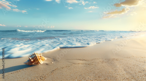 Summertime Illustration of a shell on the shore of a paradisiacal beach 