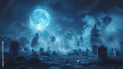 Graveyard under moonlight, tombstones aglow, spooky, expansive text space, pristine backdrop photo