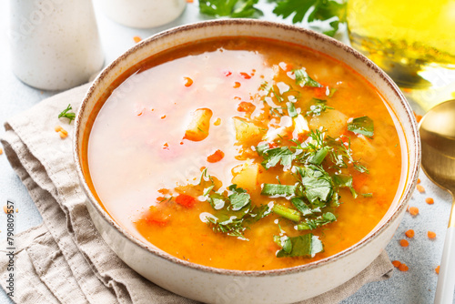 Lentil soup, traditional middle eastern food. Close up.