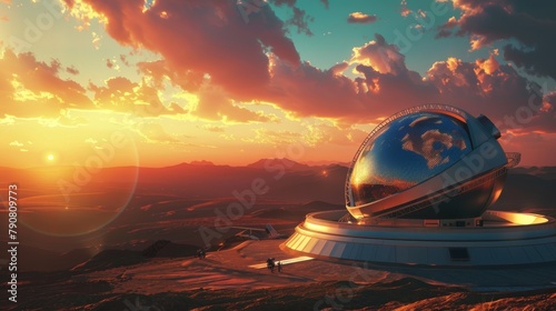 A state-of-the-art observatory gleams under the warm glow of the sunset,
