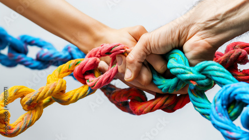 Two hands tightly gripping a multicolored rope in a symbol of teamwork or struggle. photo