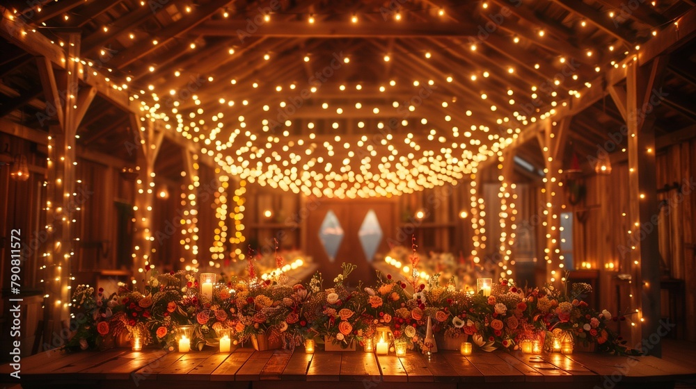 Cozy Rustic Barn Wedding Reception with String Lights, generative ai Cozy Rustic Barn Wedding Reception with String Lights, generative ai